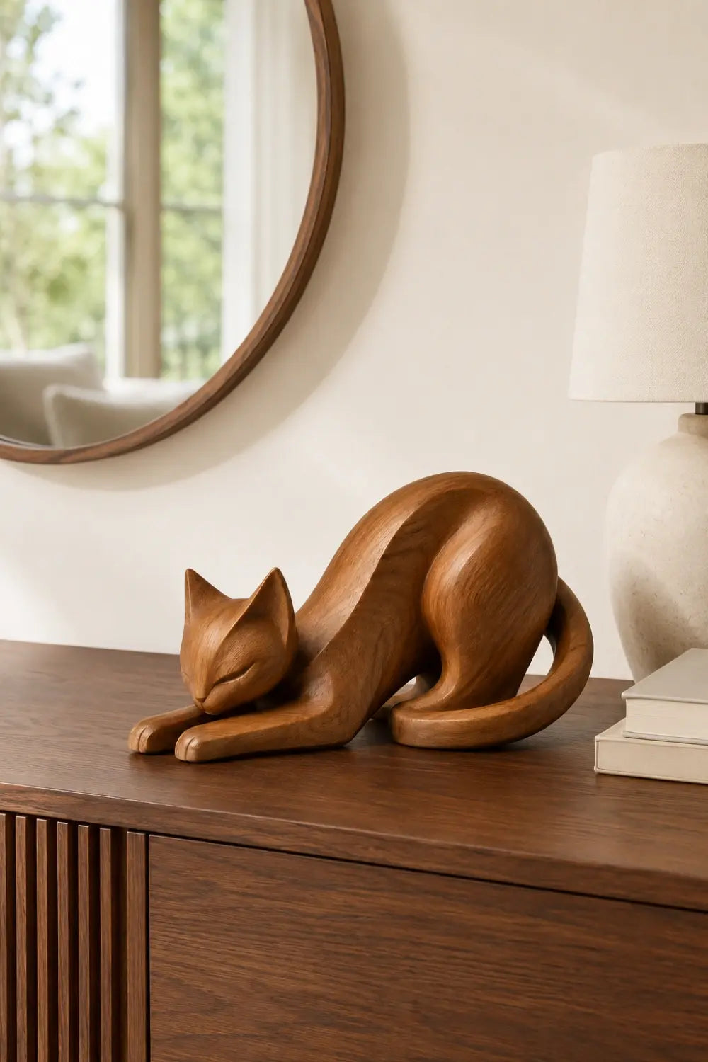 Stretching Wooden Cat Sculpture | Carved Feline Figurine Decor