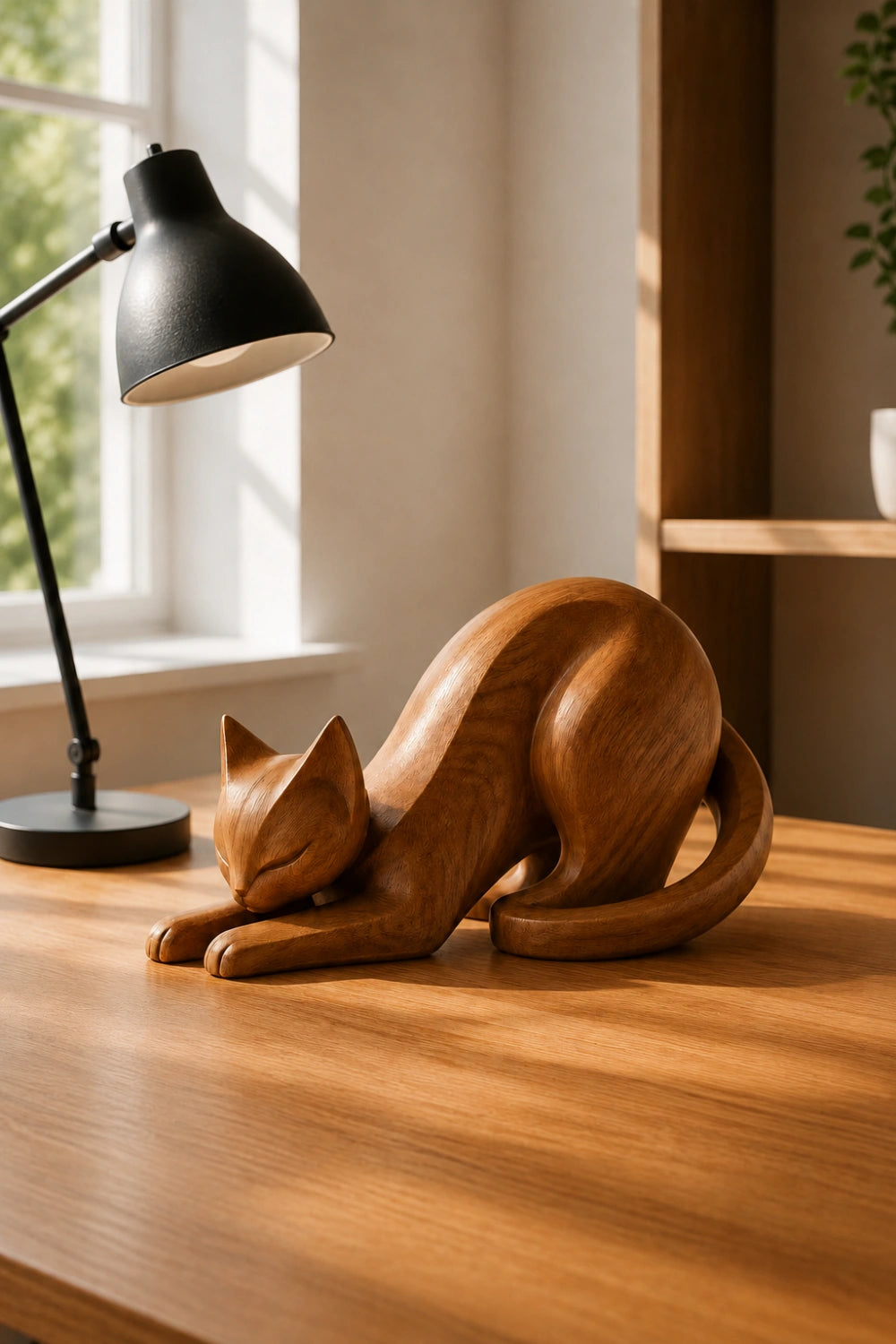 Stretching Wooden Cat Sculpture | Carved Feline Figurine Decor