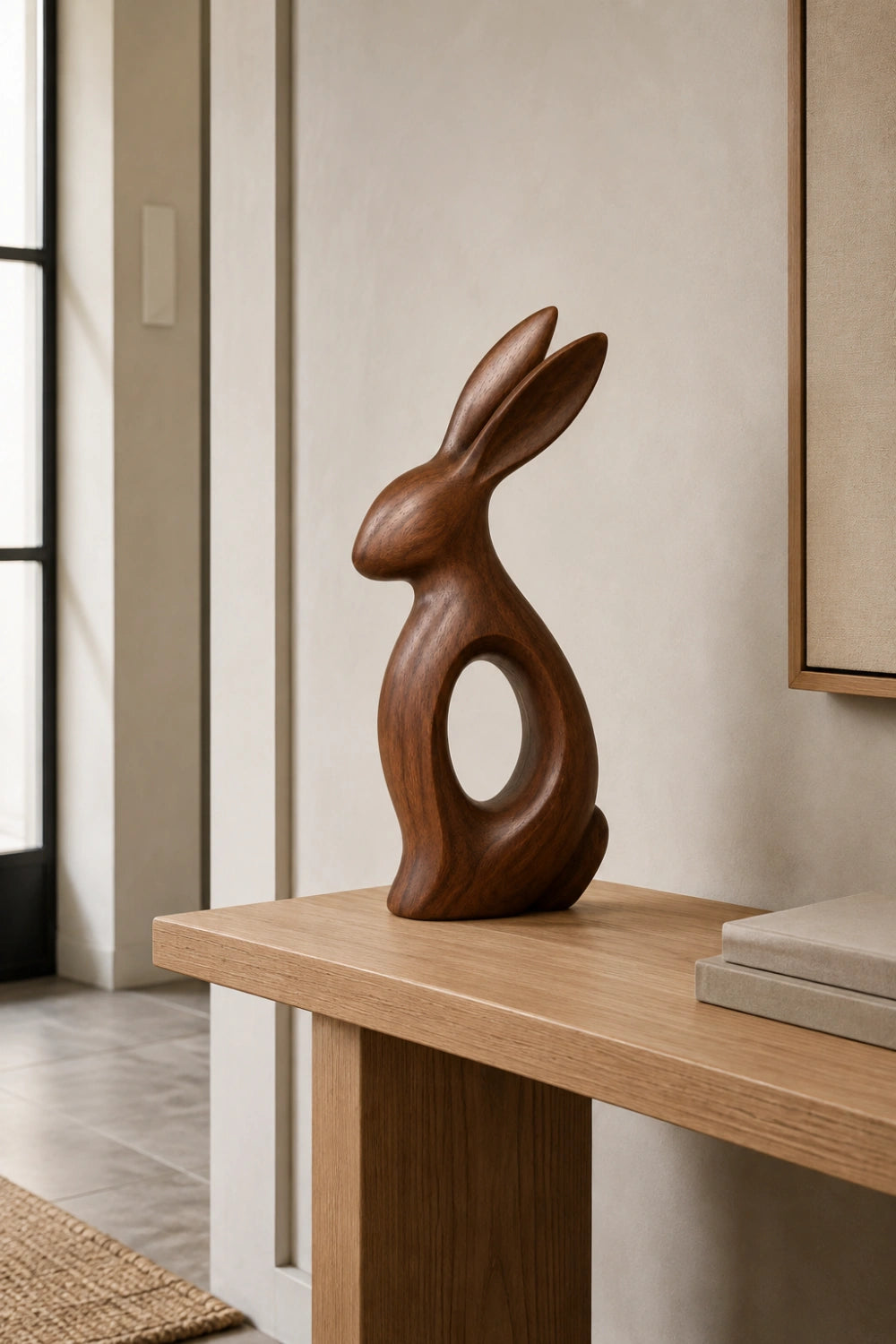 Minimalist Wooden Rabbit Sculpture | Carved Wood Hare Decor