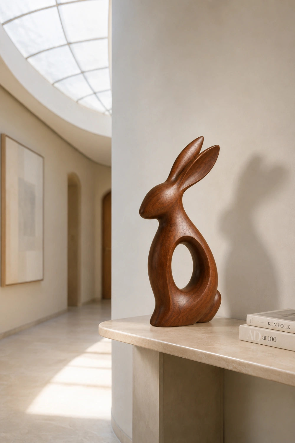 Minimalist Wooden Rabbit Sculpture | Carved Wood Hare Decor