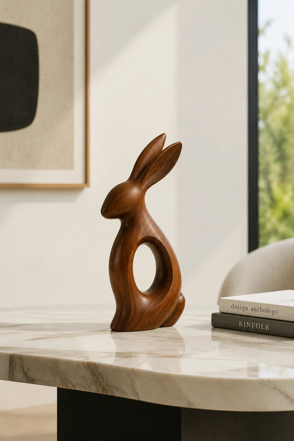 Minimalist Wooden Rabbit Sculpture | Carved Wood Hare Decor