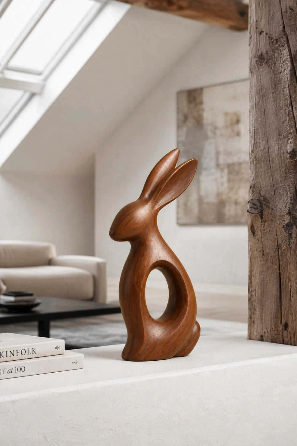 Minimalist Wooden Rabbit Sculpture | Carved Wood Hare Decor