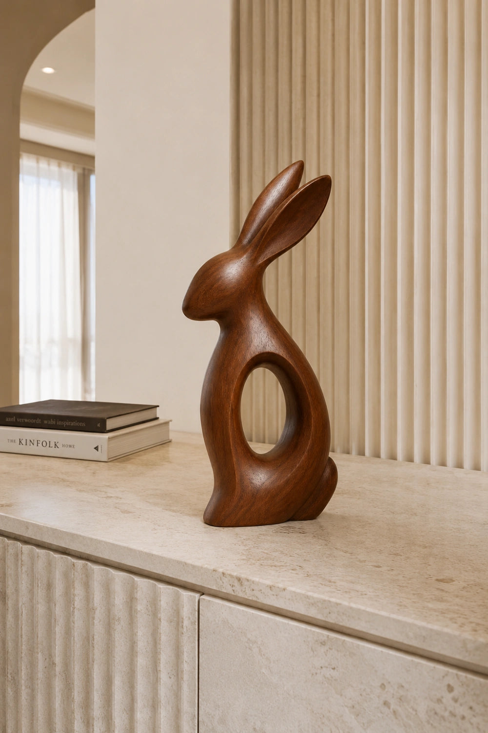 Minimalist Wooden Rabbit Sculpture | Carved Wood Hare Decor