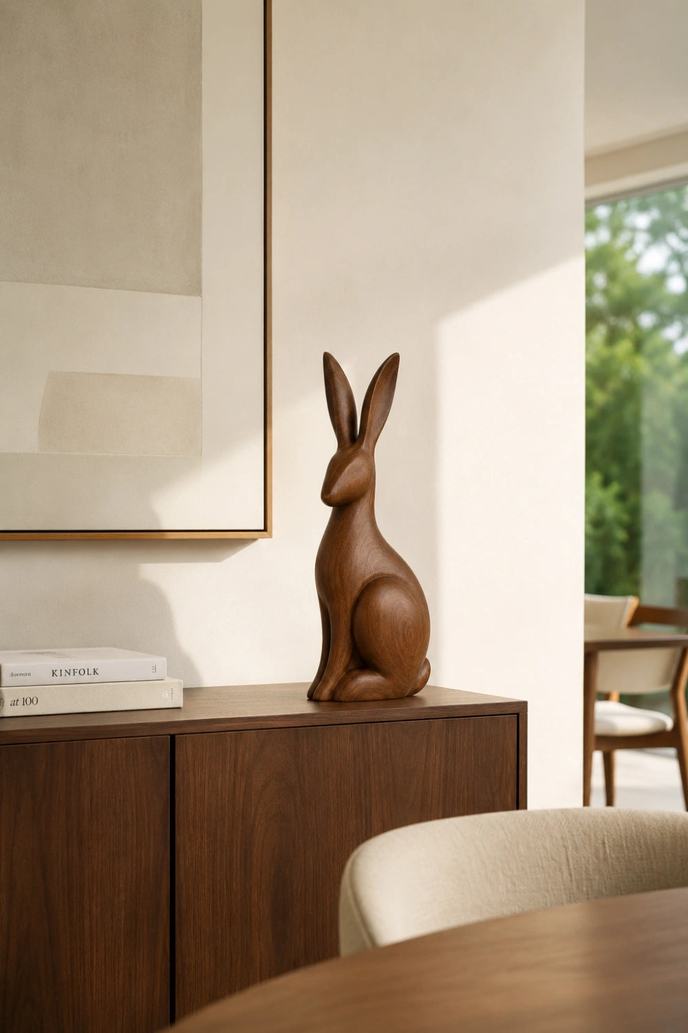 Upright Wooden Hare Statue | Carved Rabbit Figurine Decor