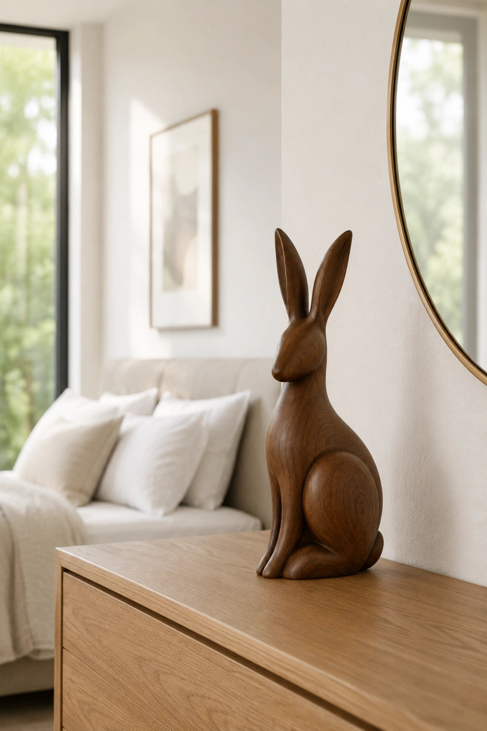 Upright Wooden Hare Statue | Carved Rabbit Figurine Decor