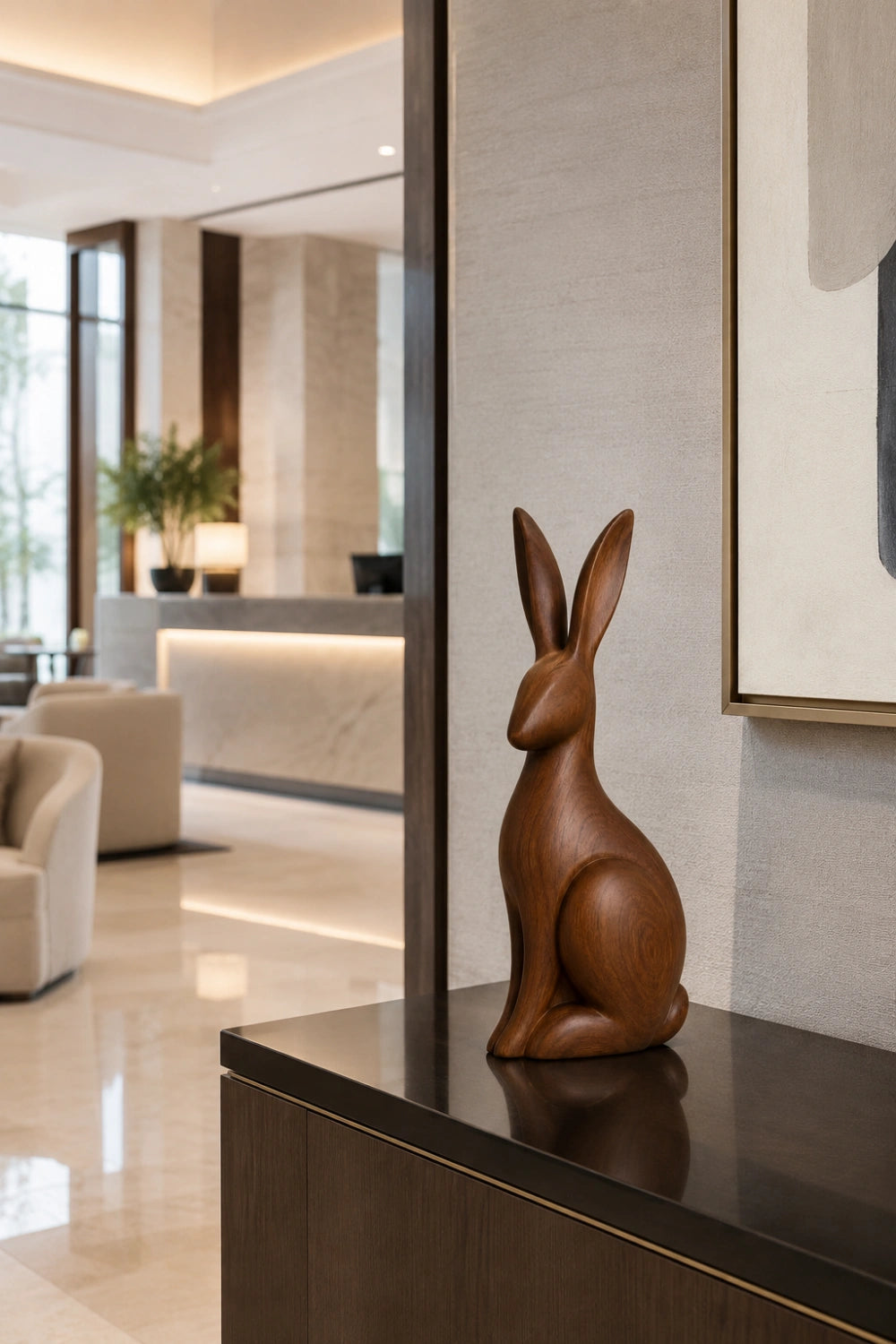 Upright Wooden Hare Statue | Carved Rabbit Figurine Decor
