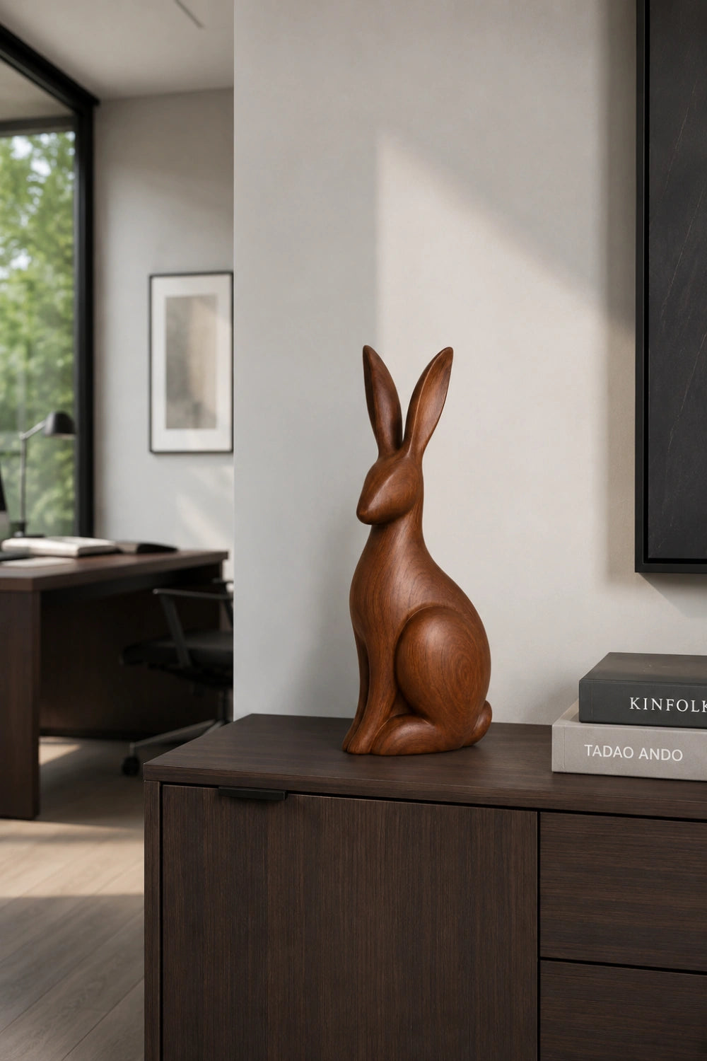 Upright Wooden Hare Statue | Carved Rabbit Figurine Decor
