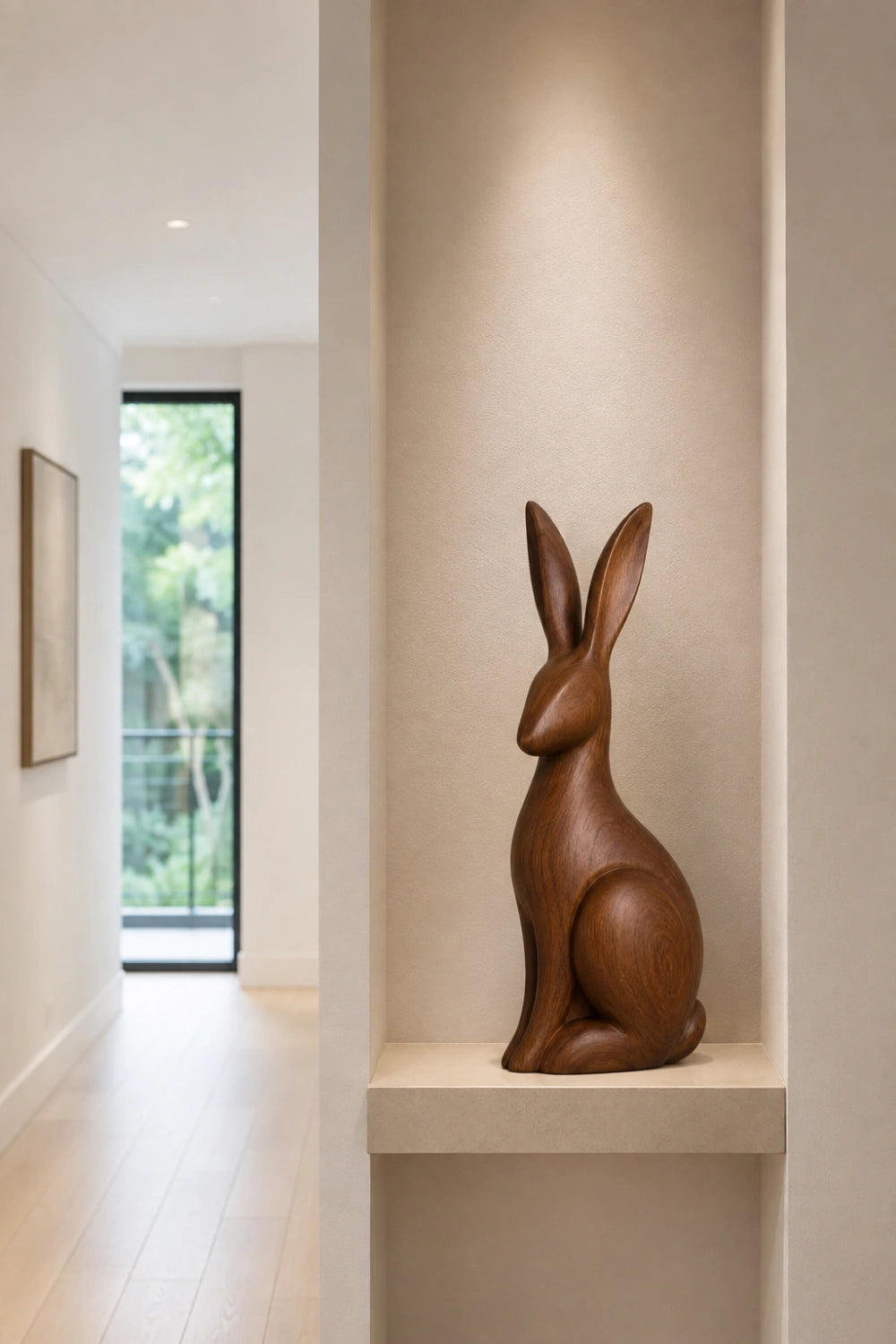 Upright Wooden Hare Statue | Carved Rabbit Figurine Decor