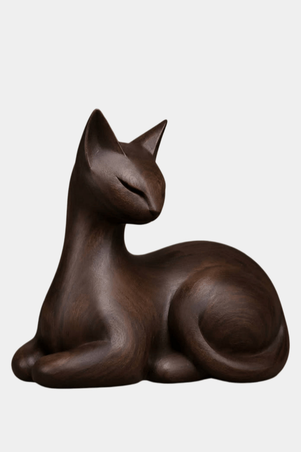 Dark Walnut Wooden Cat Statue | Resting Feline Sculpture
