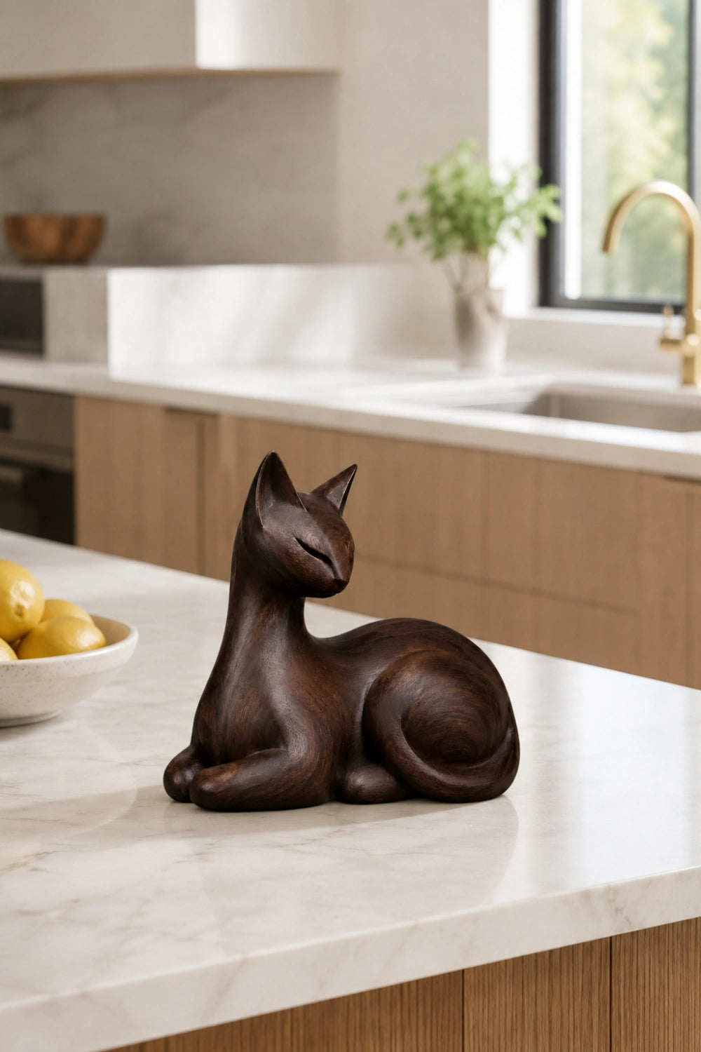 Dark Walnut Wooden Cat Statue | Resting Feline Sculpture