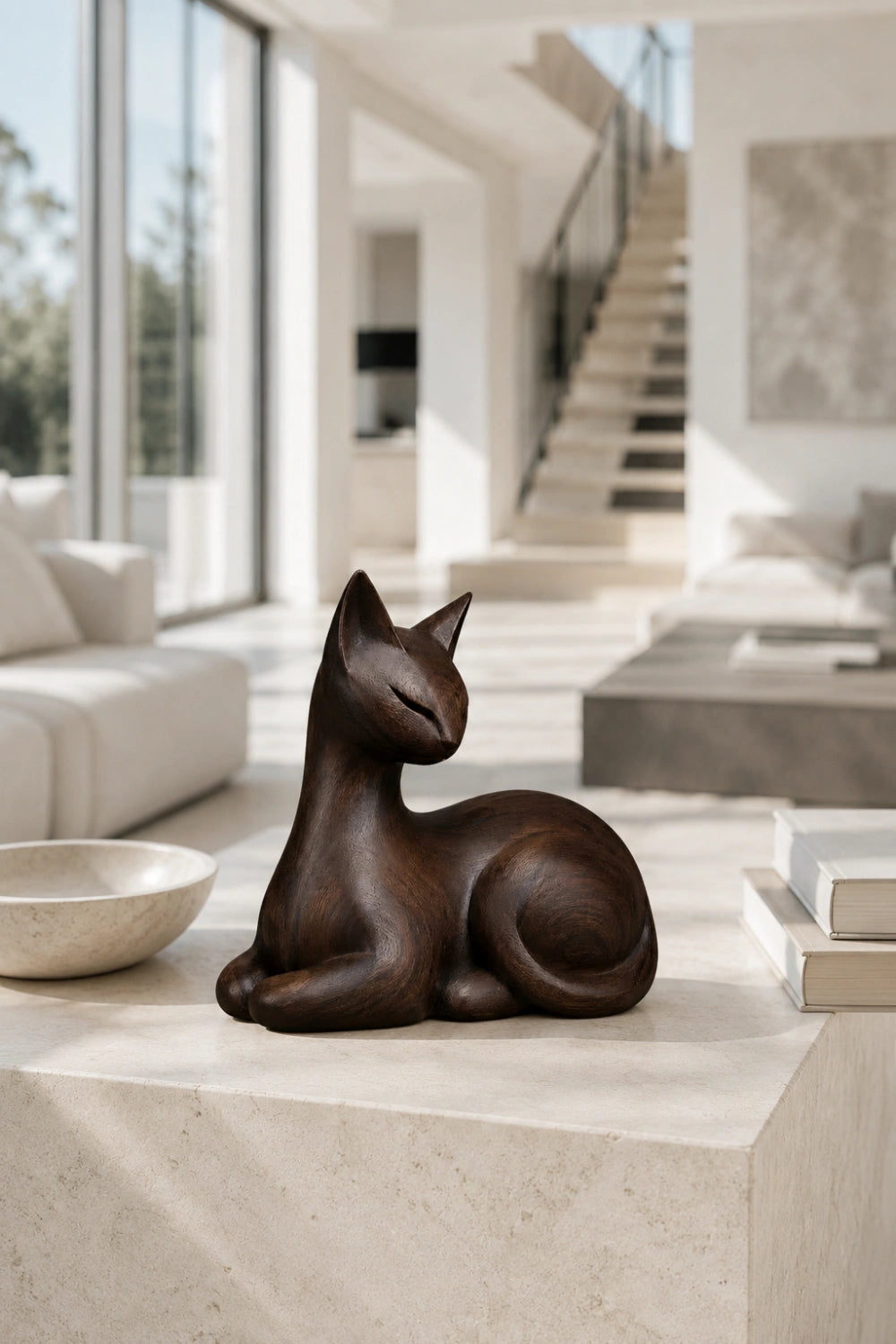 Dark Walnut Wooden Cat Statue | Resting Feline Sculpture