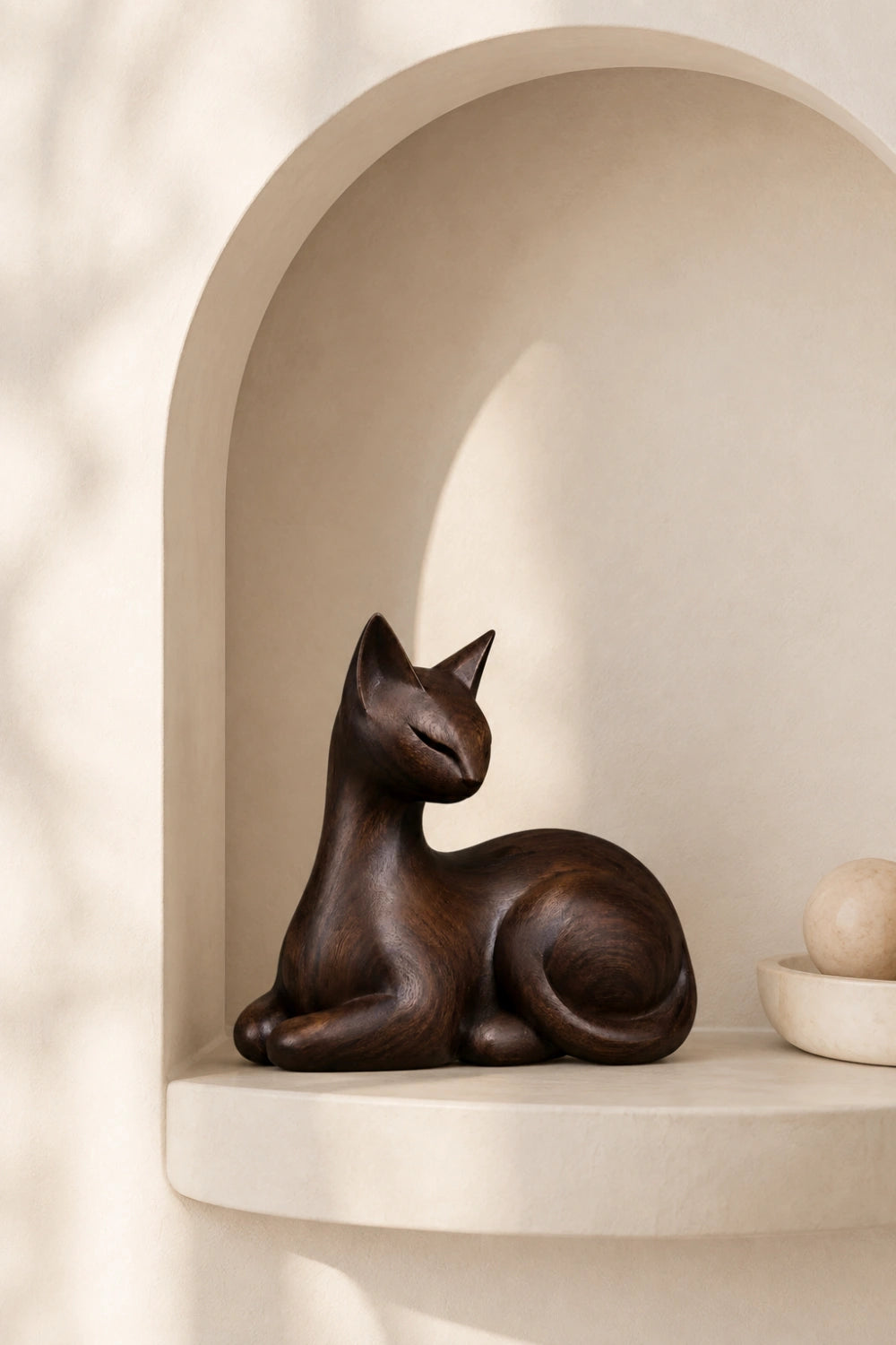 Dark Walnut Wooden Cat Statue | Resting Feline Sculpture