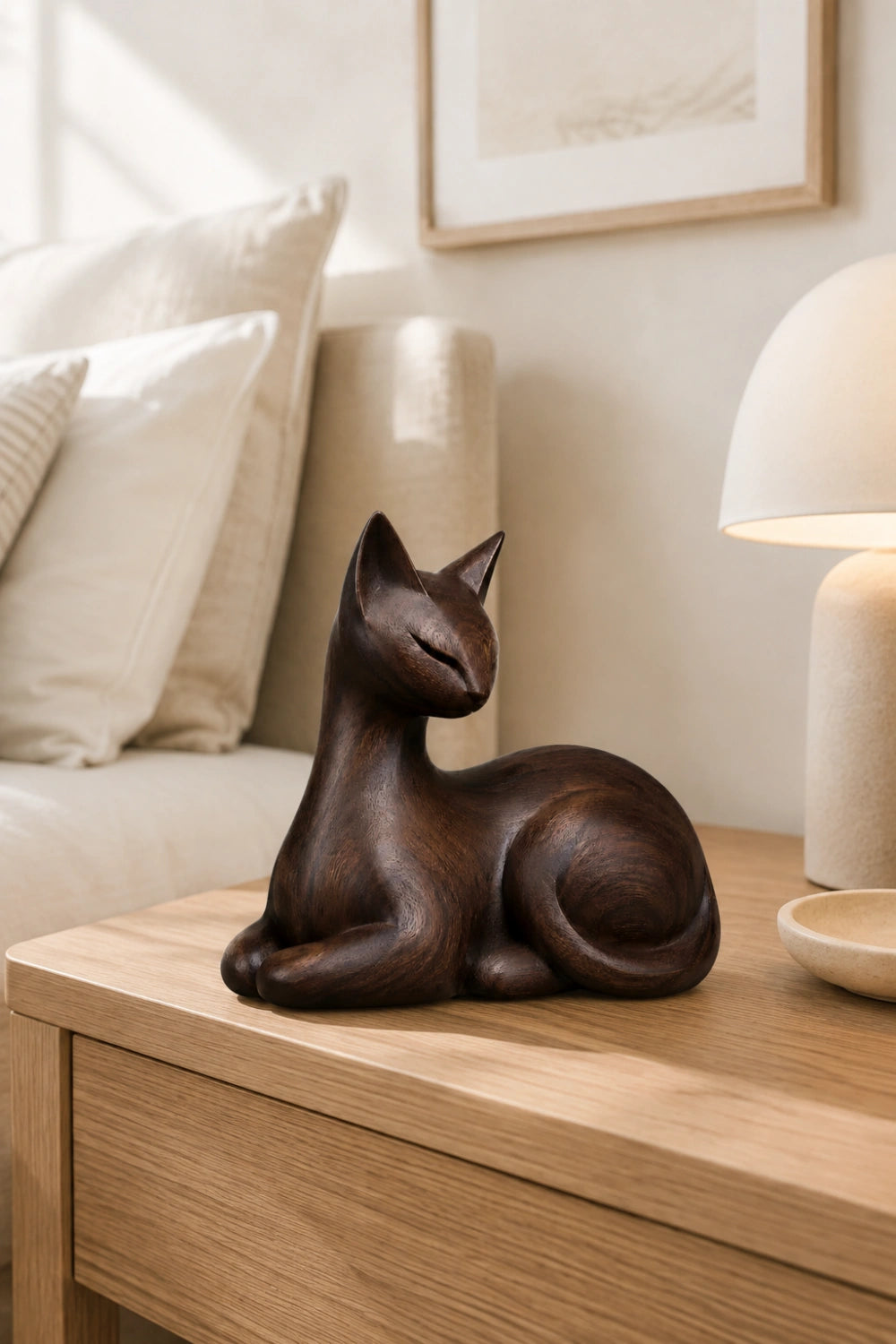 Dark Walnut Wooden Cat Statue | Resting Feline Sculpture