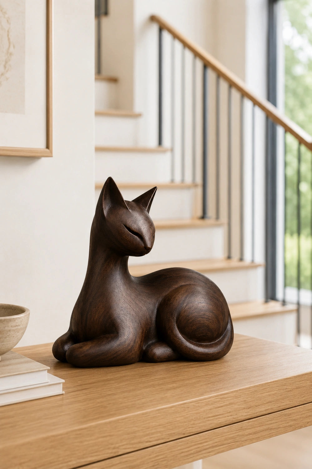 Dark Walnut Wooden Cat Statue | Resting Feline Sculpture