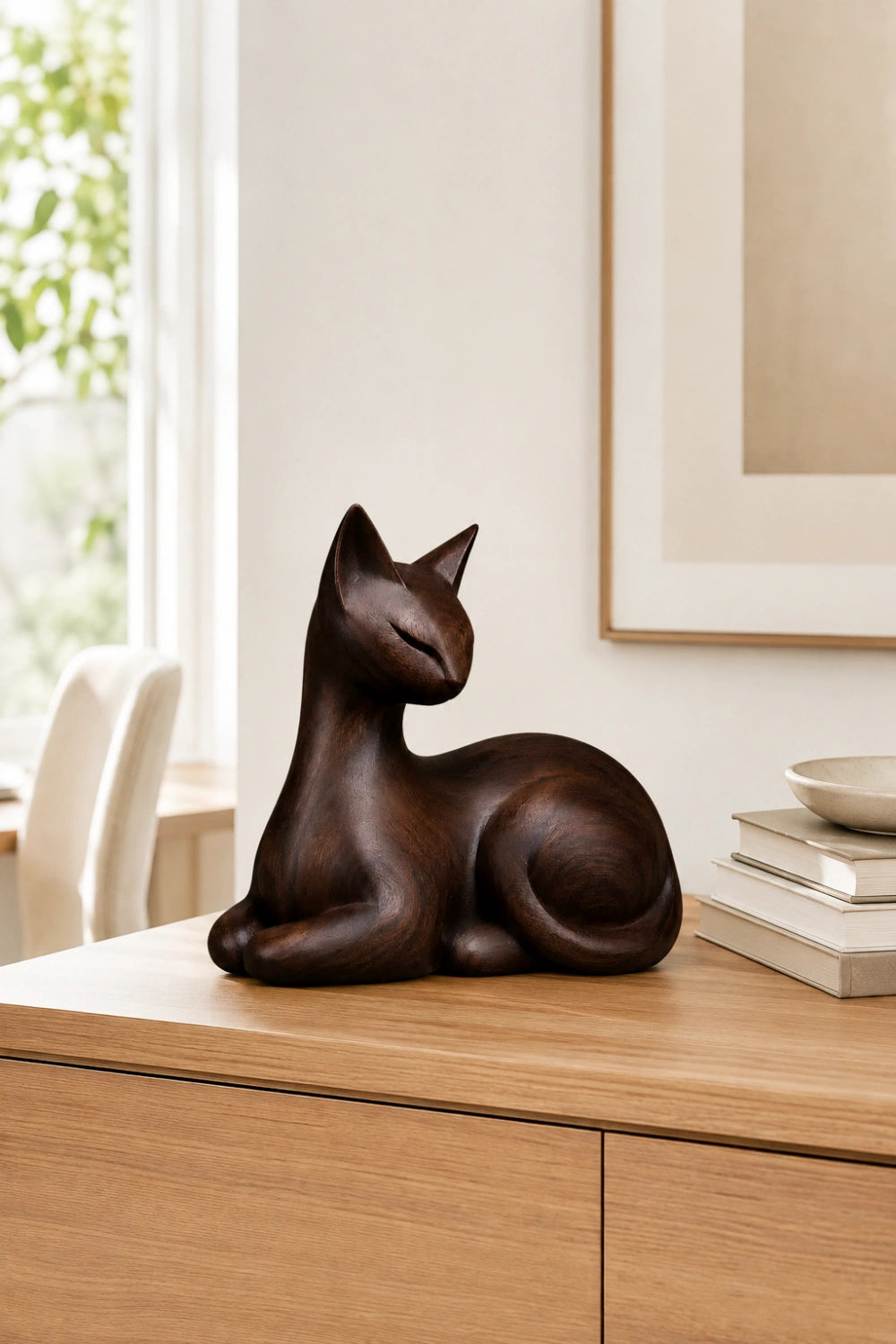 Dark Walnut Wooden Cat Statue | Resting Feline Sculpture