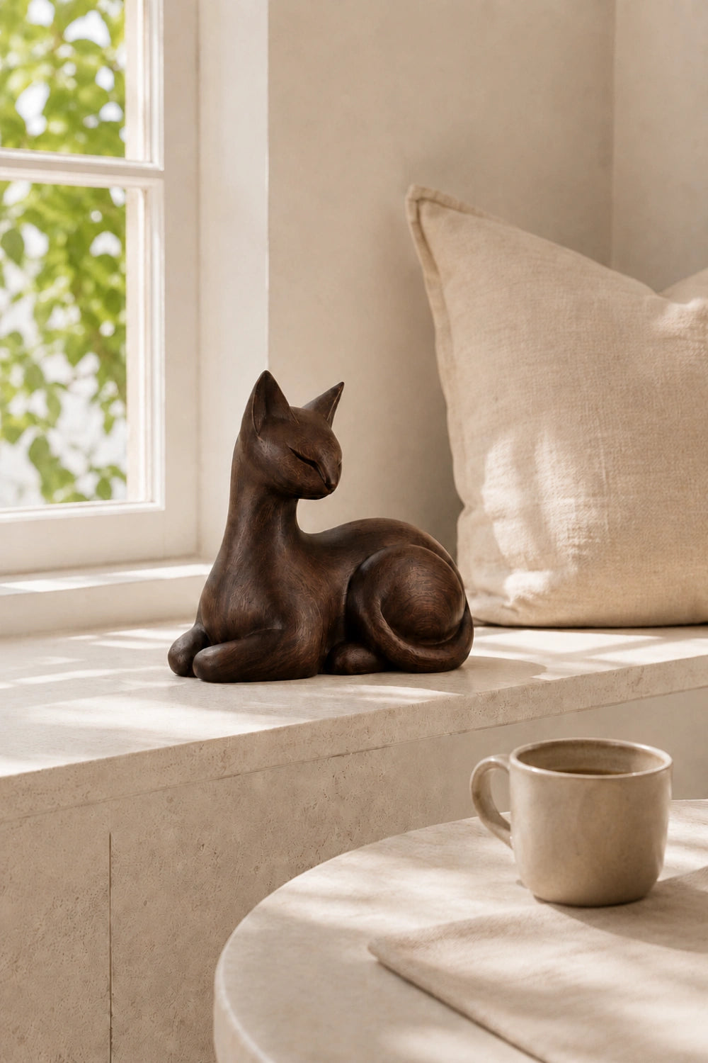 Dark Walnut Wooden Cat Statue | Resting Feline Sculpture