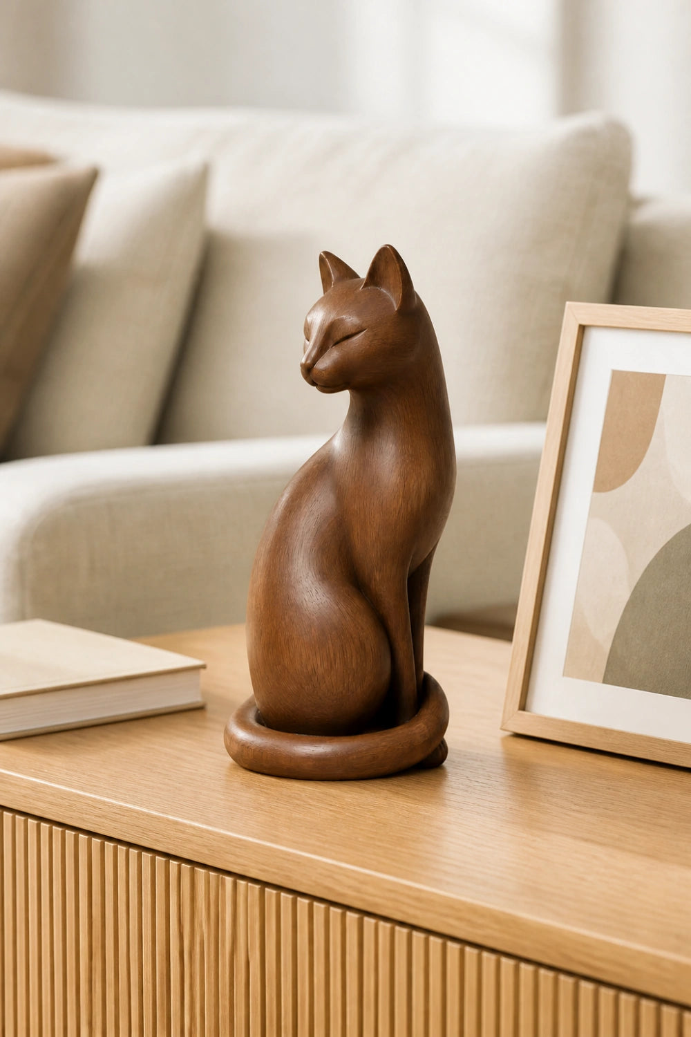 Graceful Wooden Cat Statue | Mid-Century Carved Feline Decor