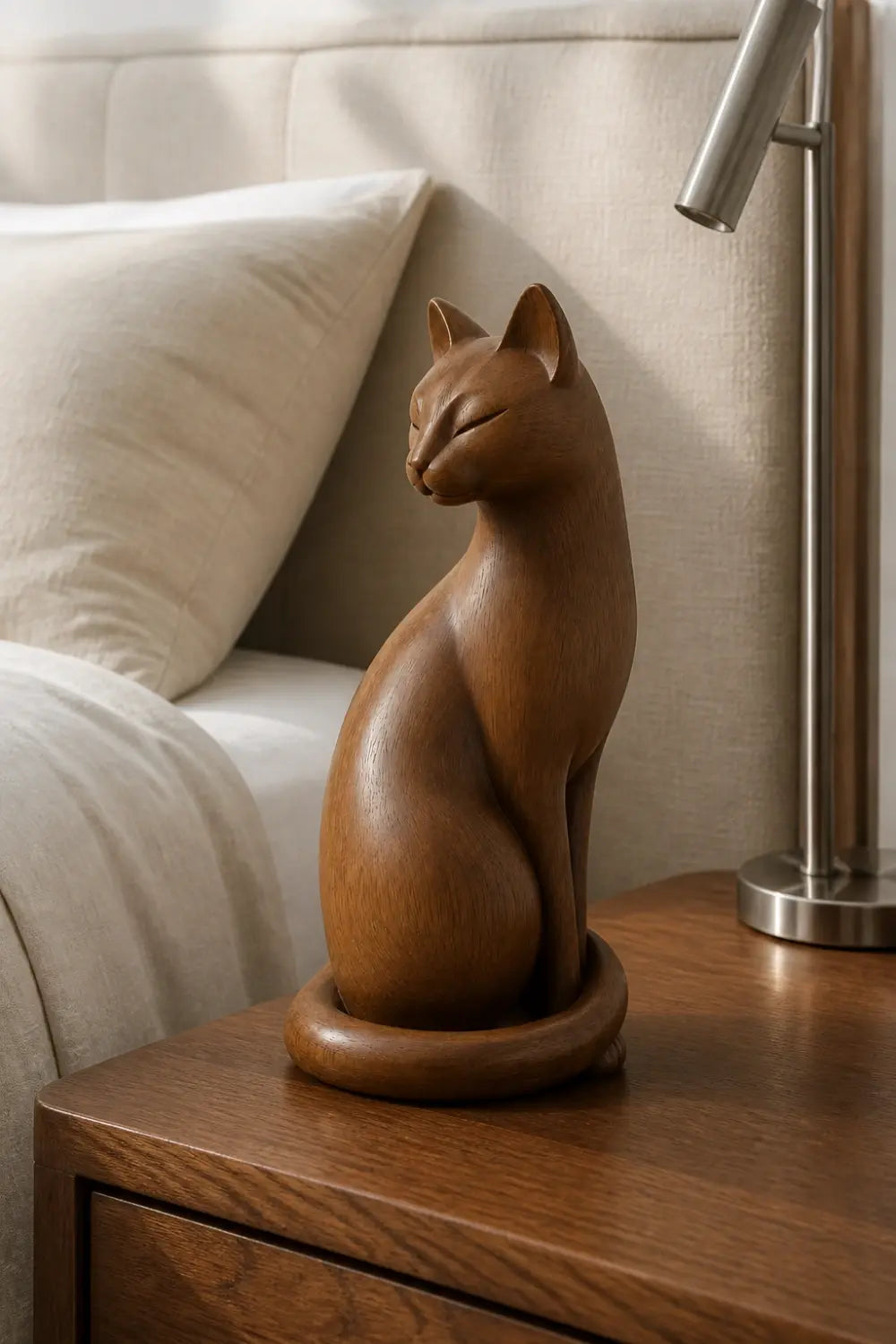Graceful Wooden Cat Statue | Mid-Century Carved Feline Decor