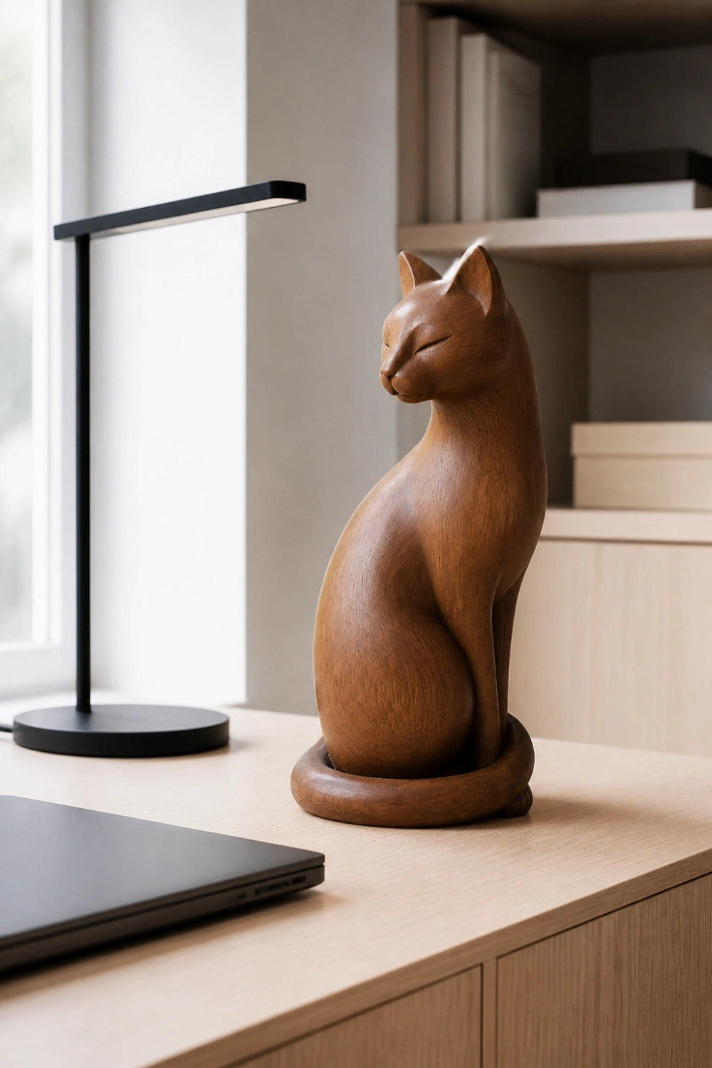 Graceful Wooden Cat Statue | Mid-Century Carved Feline Decor