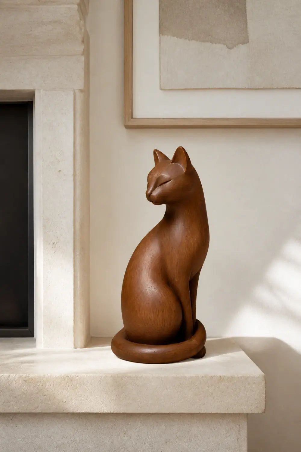 Graceful Wooden Cat Statue | Mid-Century Carved Feline Decor