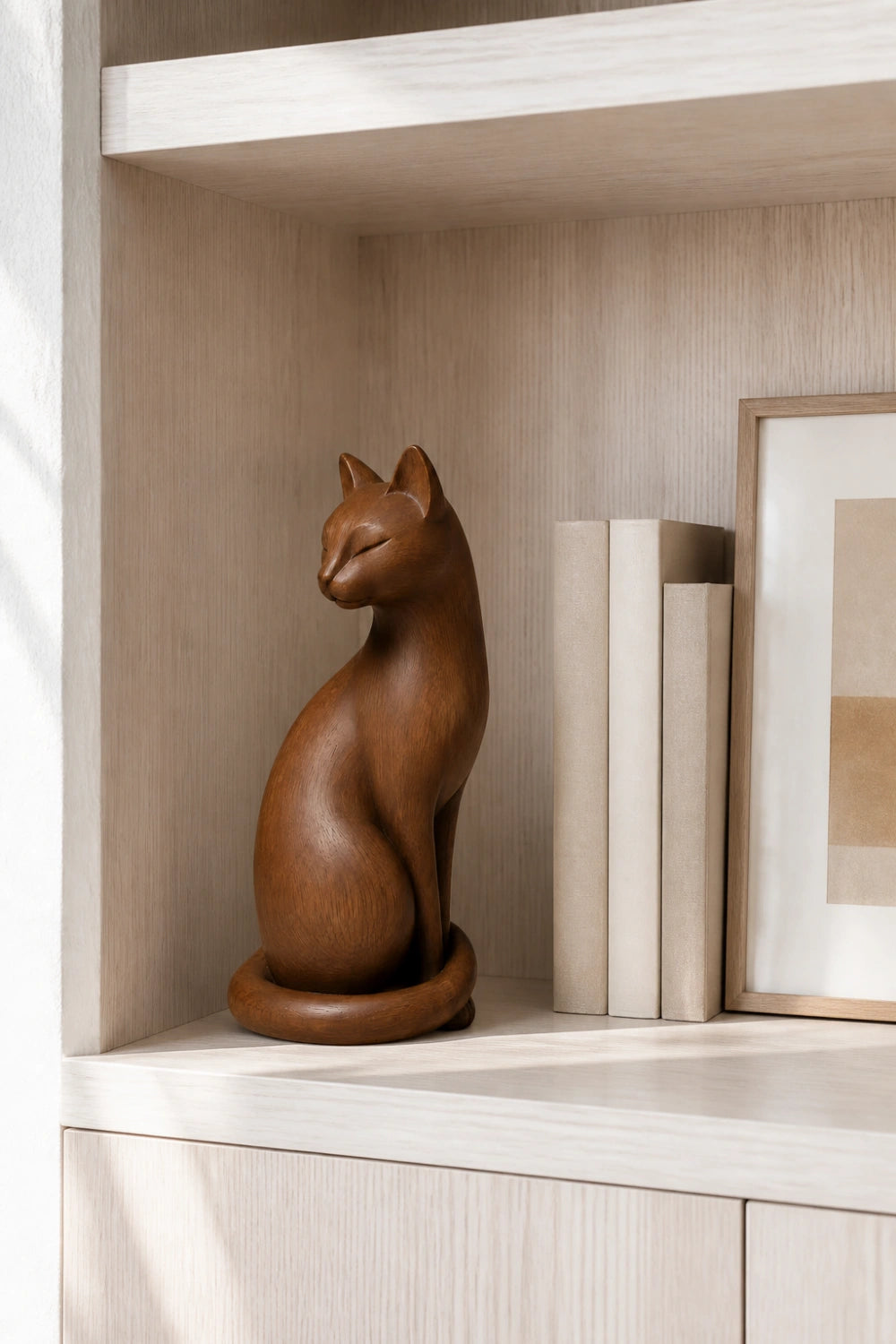 Graceful Wooden Cat Statue | Mid-Century Carved Feline Decor