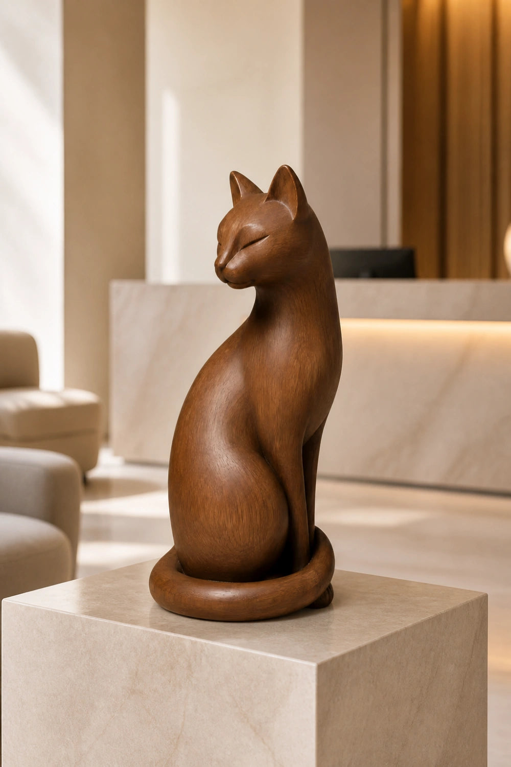 Graceful Wooden Cat Statue | Mid-Century Carved Feline Decor