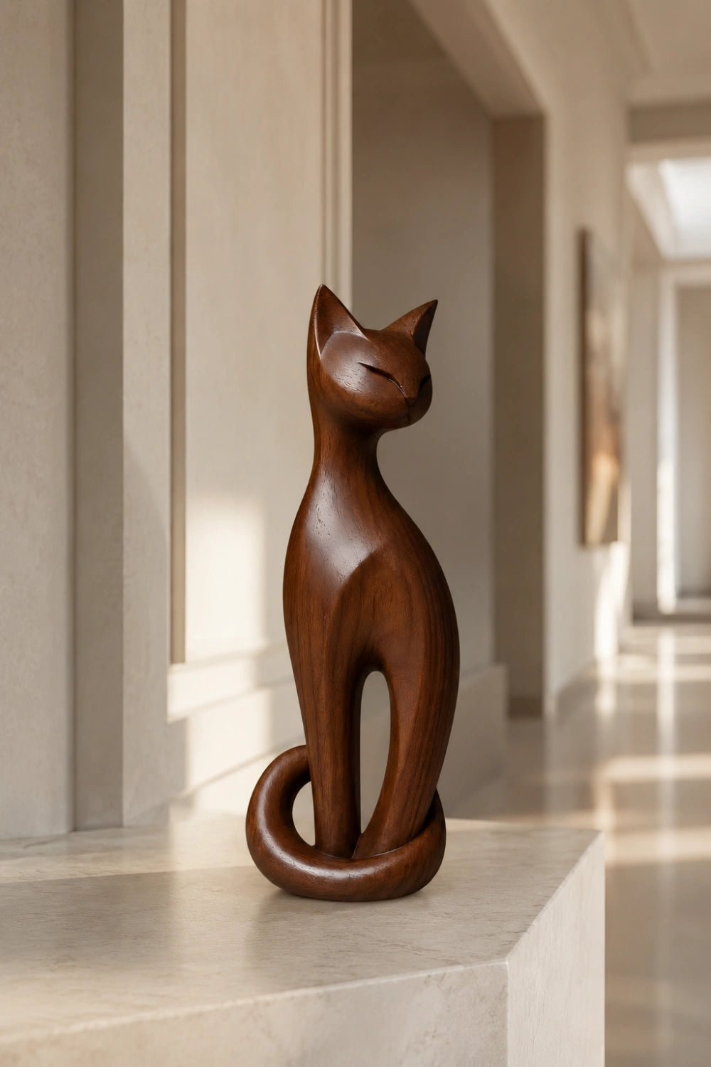 Tall Wooden Cat Statue | Slender Feline Wood Sculpture