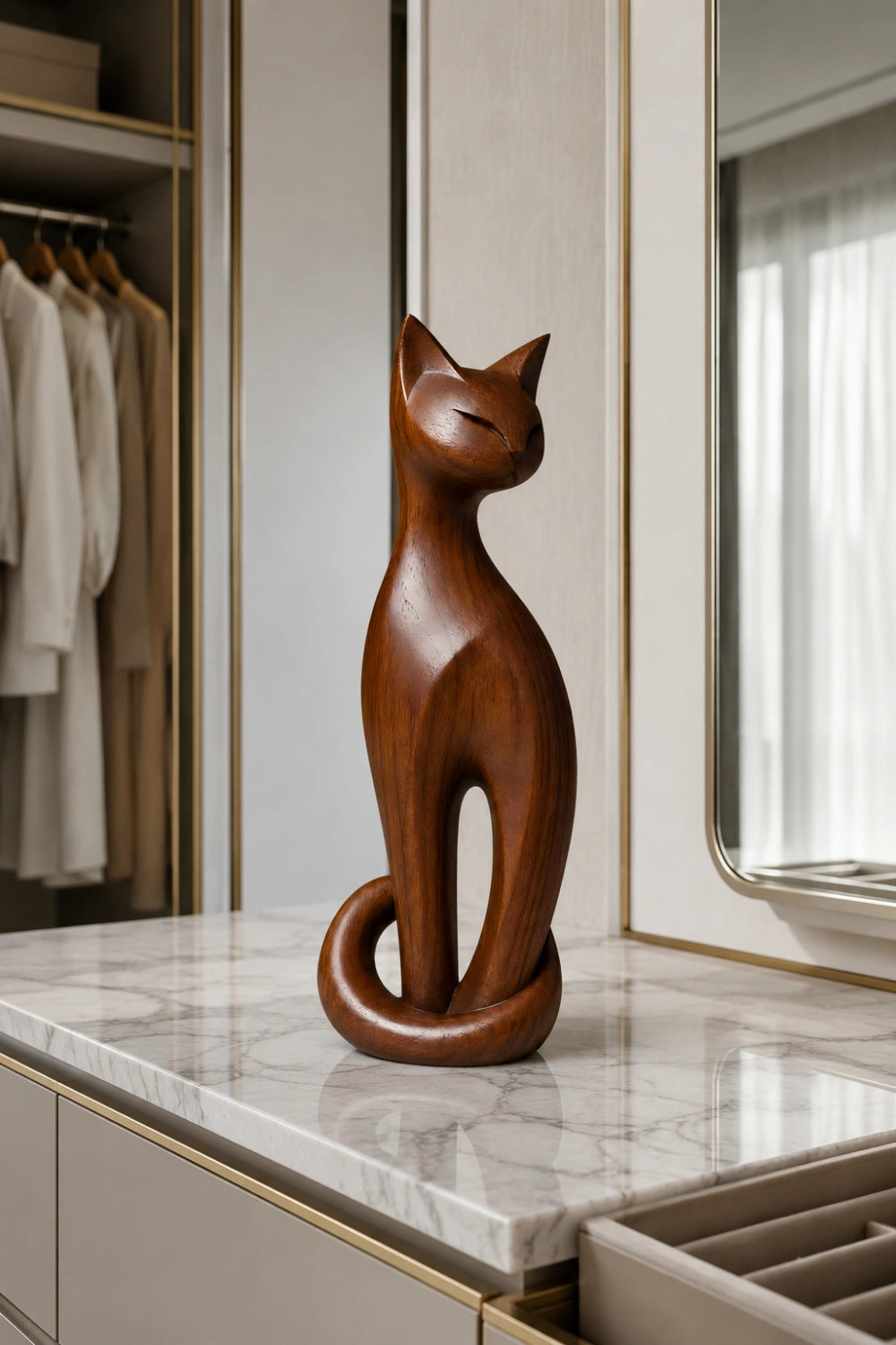 Tall Wooden Cat Statue | Slender Feline Wood Sculpture