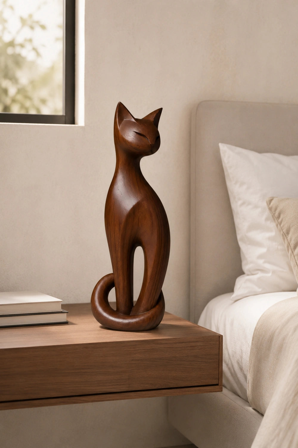 Tall Wooden Cat Statue | Slender Feline Wood Sculpture