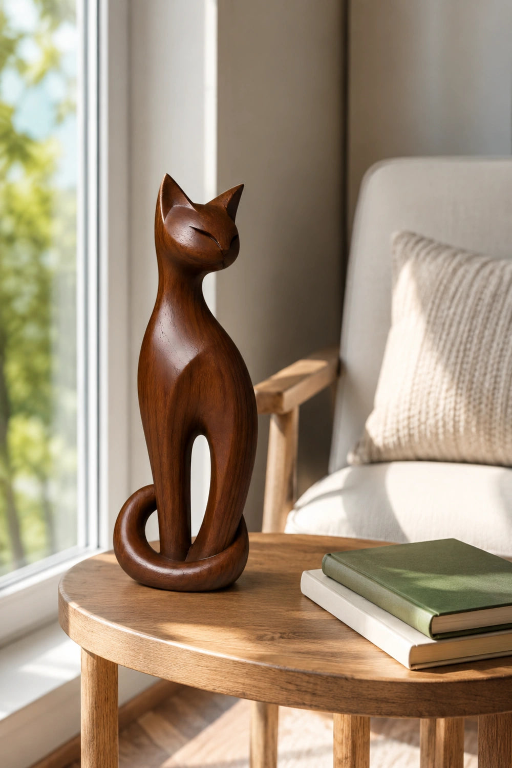 Tall Wooden Cat Statue | Slender Feline Wood Sculpture