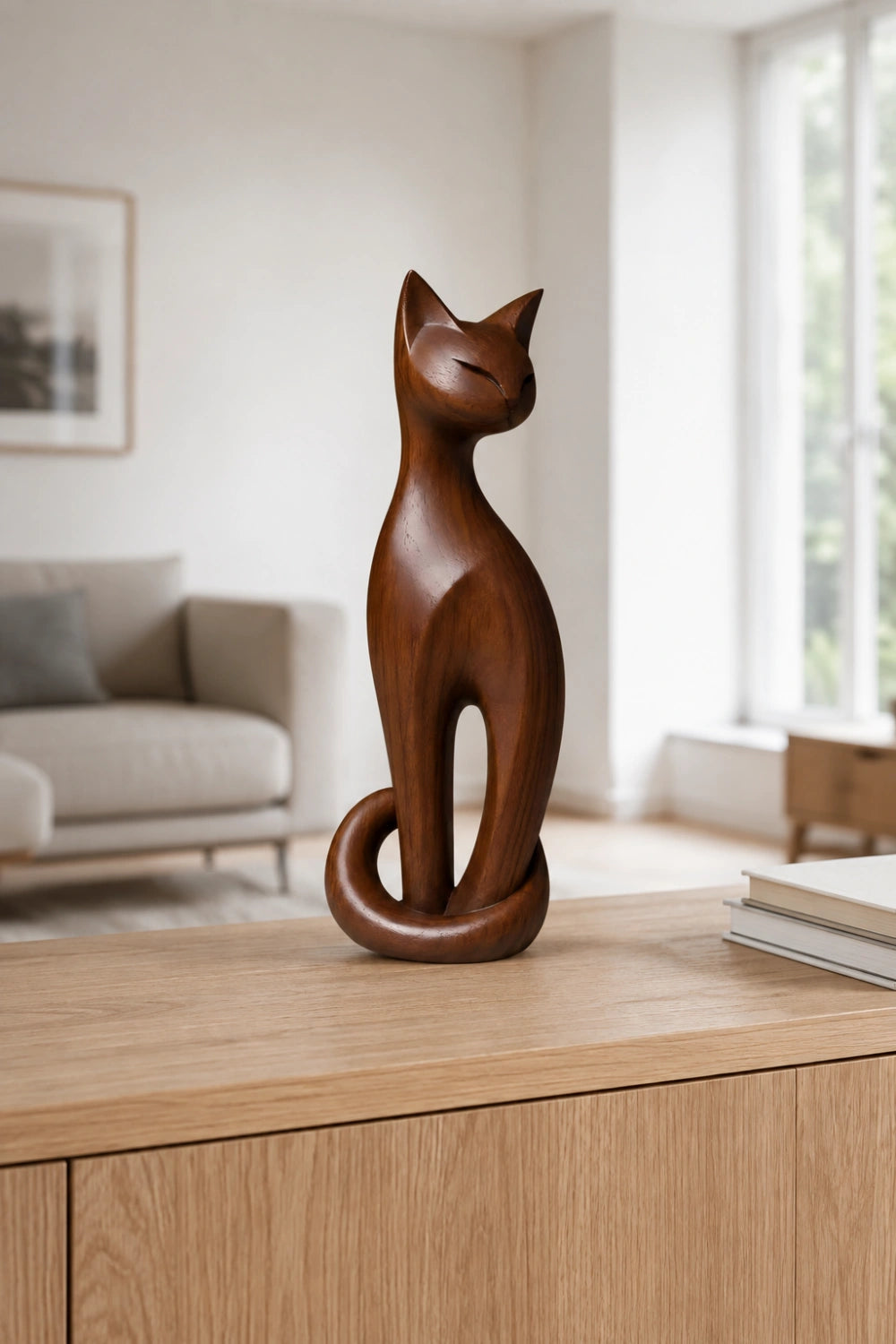 Tall Wooden Cat Statue | Slender Feline Wood Sculpture
