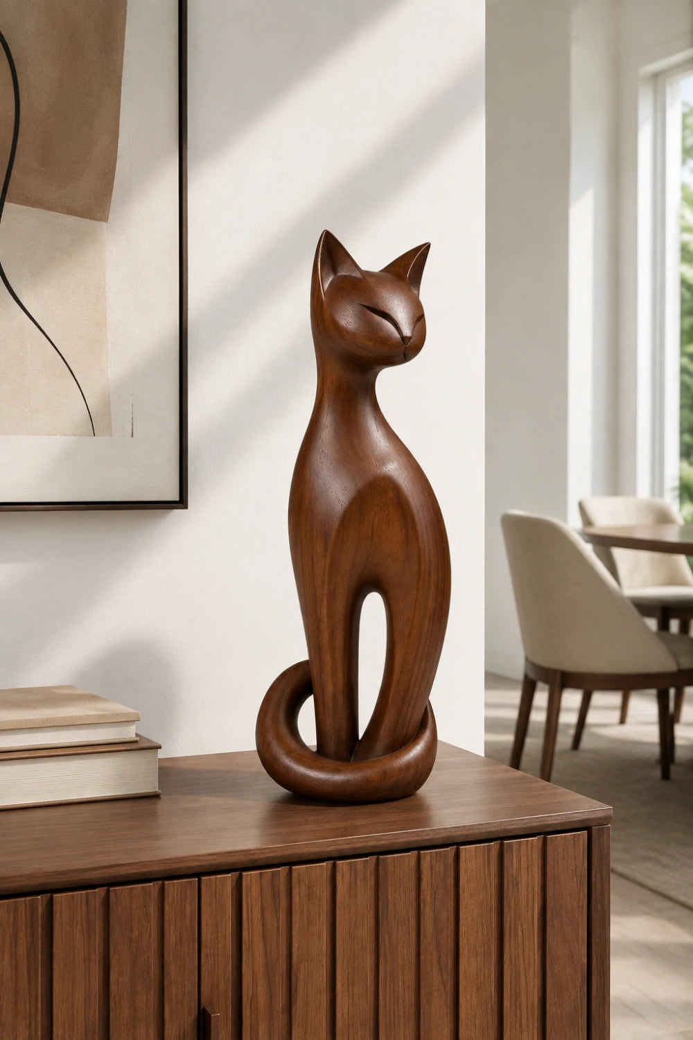 Tall Wooden Cat Statue | Slender Feline Wood Sculpture