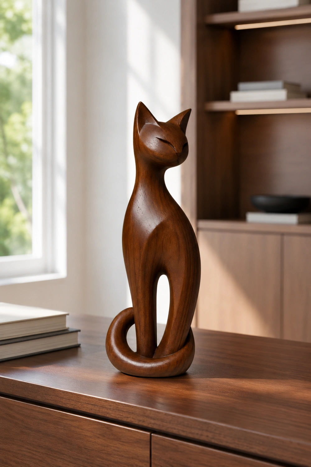 Tall Wooden Cat Statue | Slender Feline Wood Sculpture