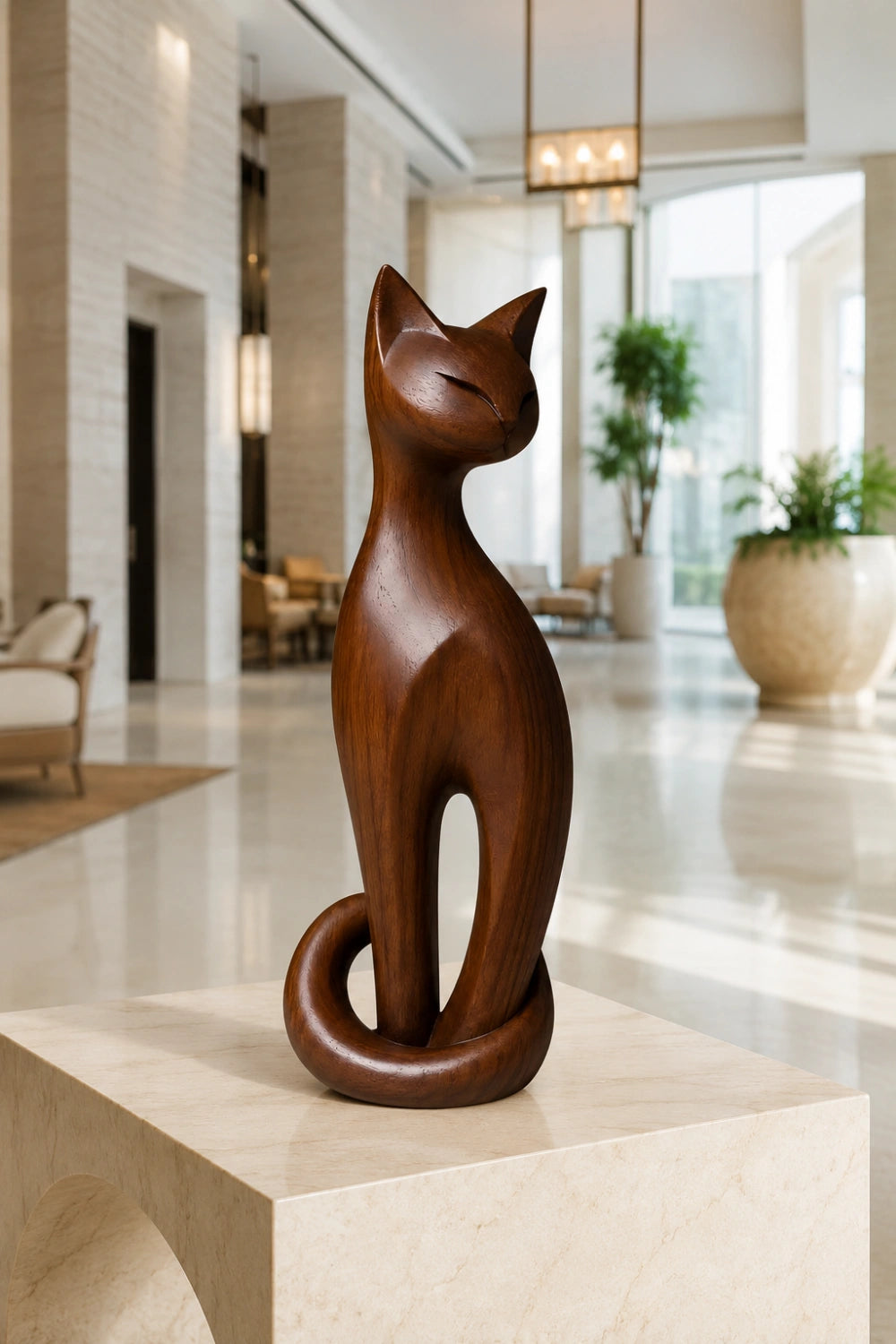 Tall Wooden Cat Statue | Slender Feline Wood Sculpture