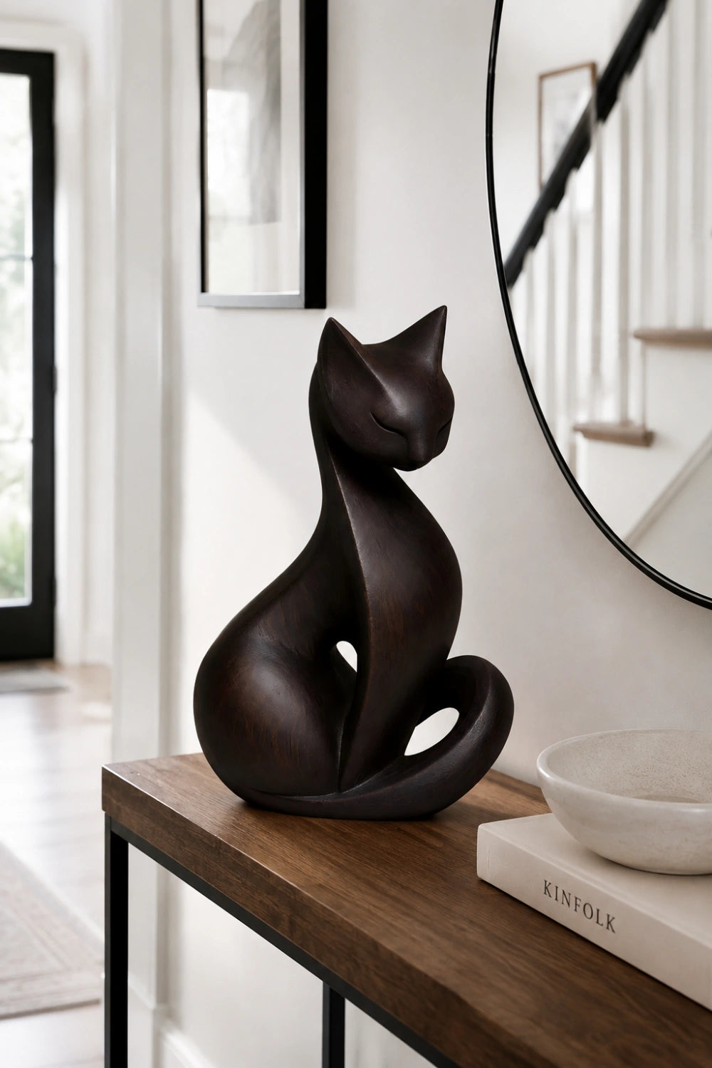 Dark Wood Cat Sculpture | Sleek Ebony Feline Figurine