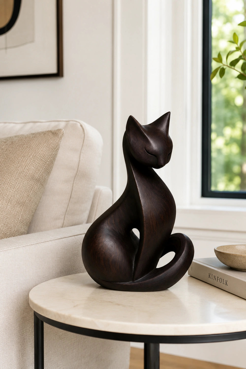 Dark Wood Cat Sculpture | Sleek Ebony Feline Figurine