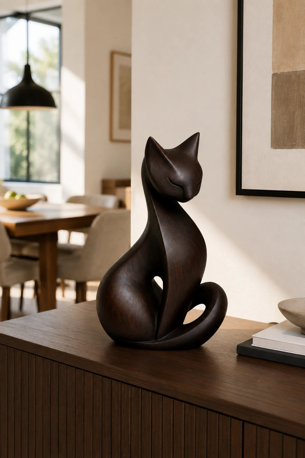 Dark Wood Cat Sculpture | Sleek Ebony Feline Figurine