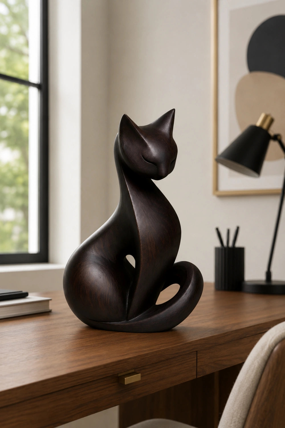 Dark Wood Cat Sculpture | Sleek Ebony Feline Figurine