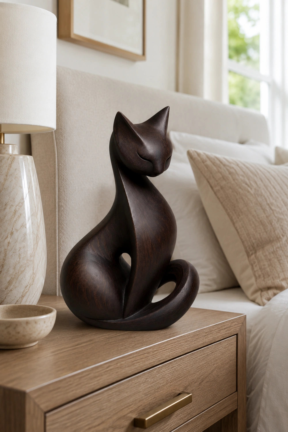 Dark Wood Cat Sculpture | Sleek Ebony Feline Figurine