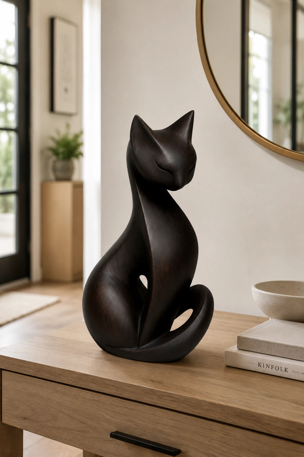 Dark Wood Cat Sculpture | Sleek Ebony Feline Figurine