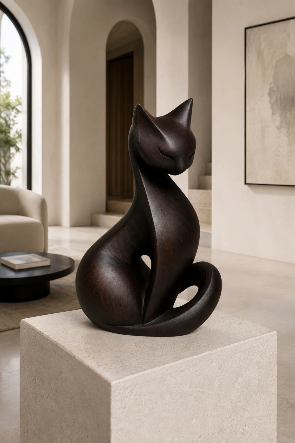 Dark Wood Cat Sculpture | Sleek Ebony Feline Figurine