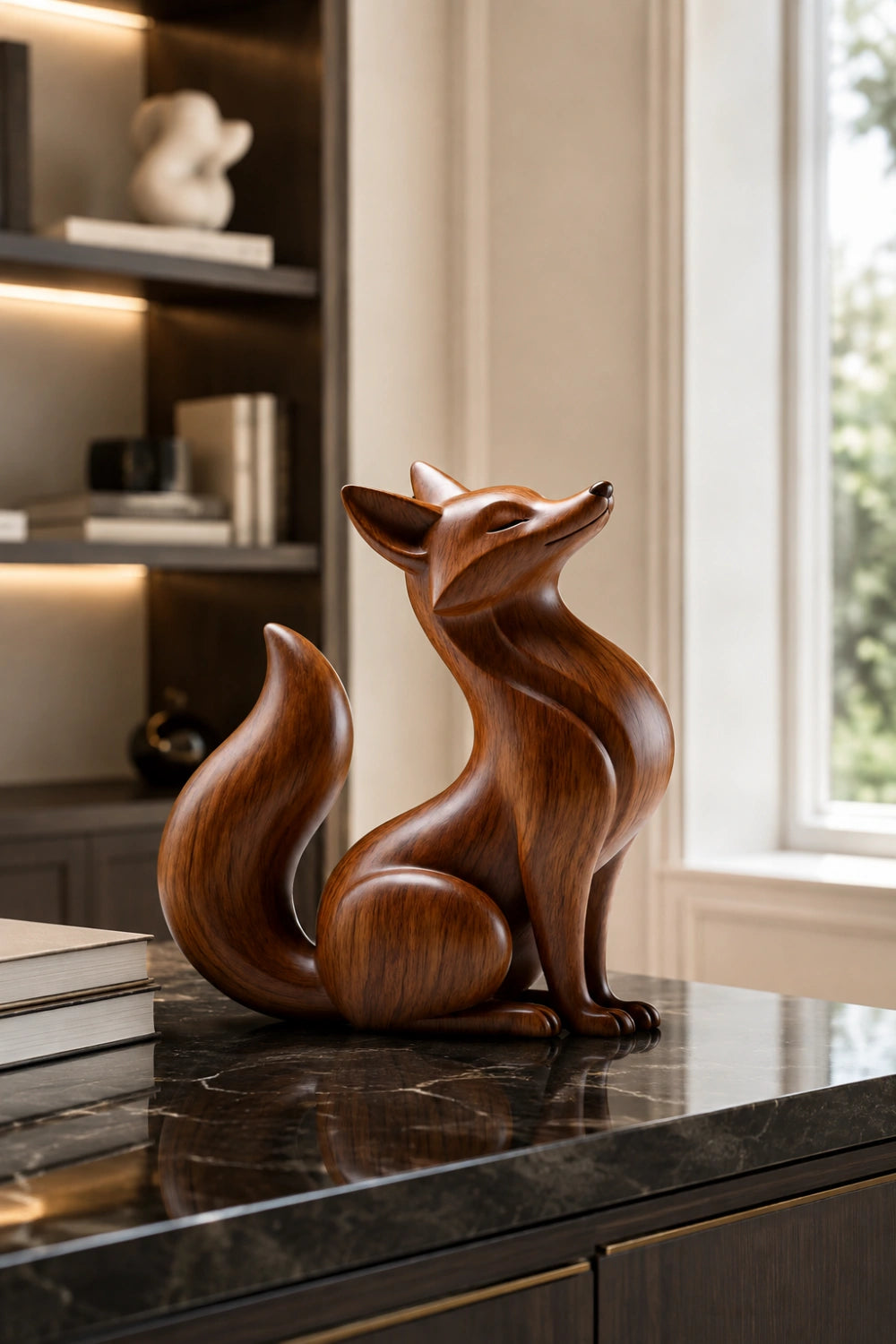 Wooden Fox Statue | Carved Forest Animal Figurine Decor