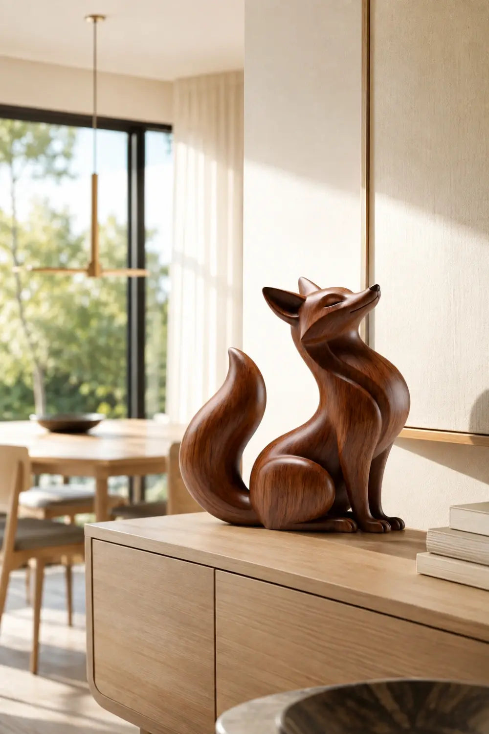 Wooden Fox Statue | Carved Forest Animal Figurine Decor