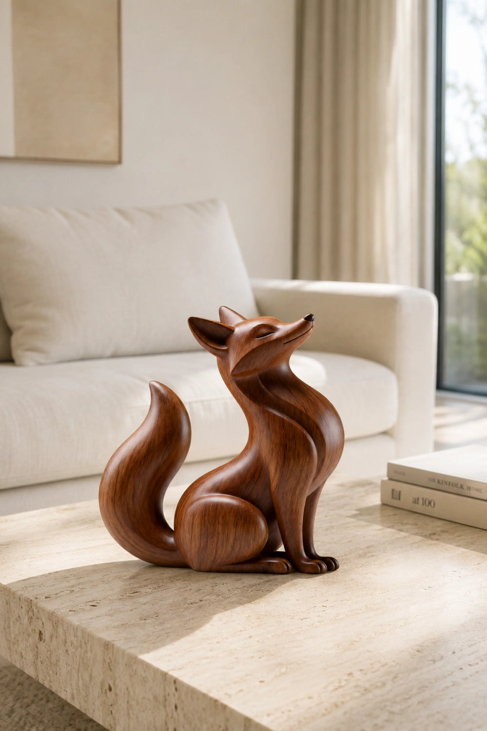 Wooden Fox Statue | Carved Forest Animal Figurine Decor