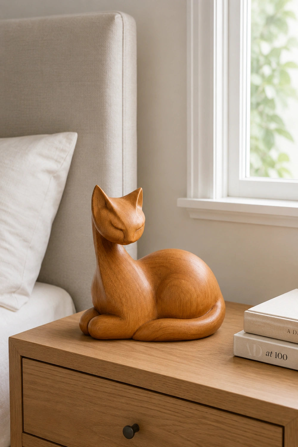 Natural Wood Cat Figurine | Resting Feline Statue Decor