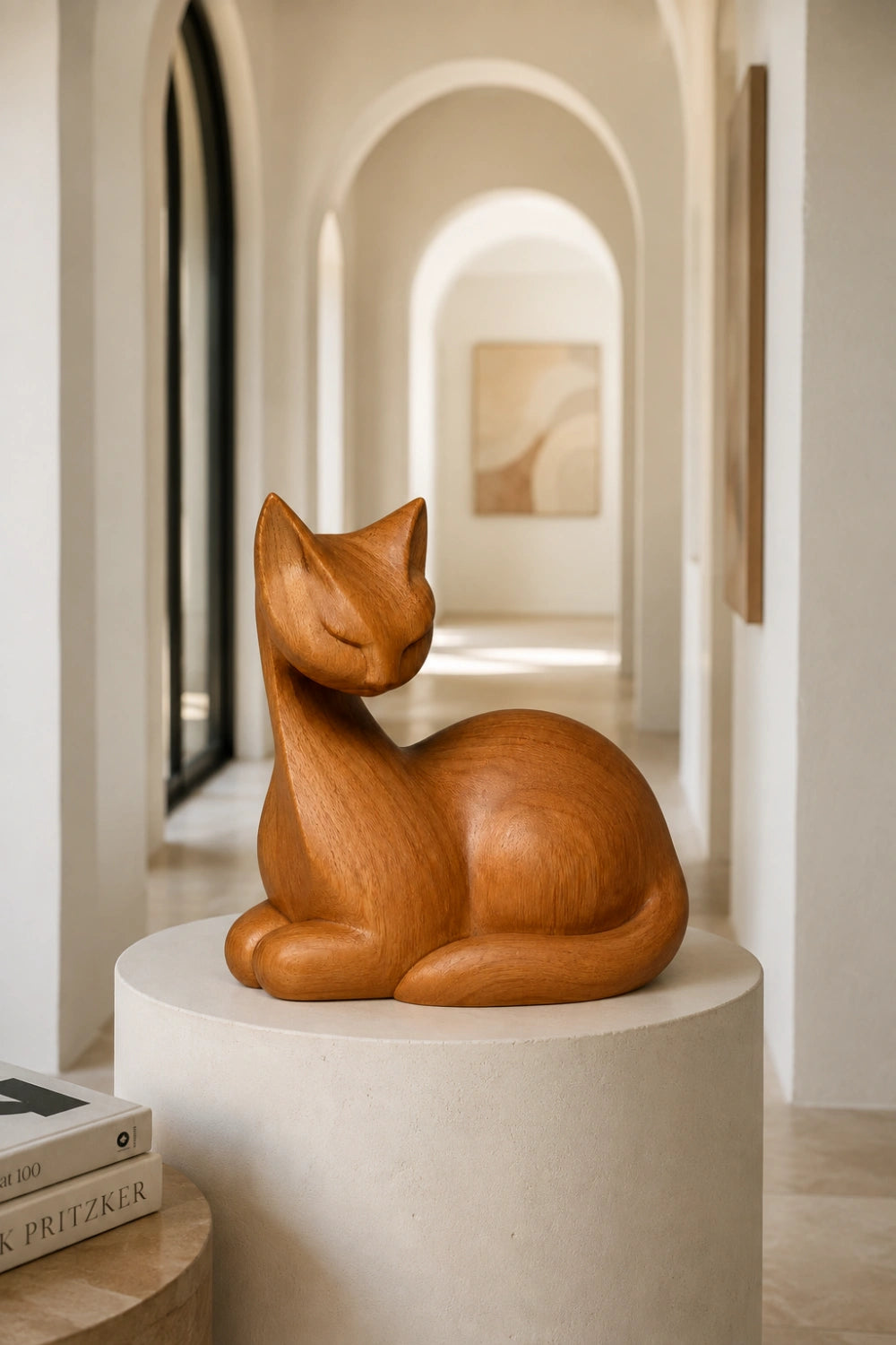 Natural Wood Cat Figurine | Resting Feline Statue Decor