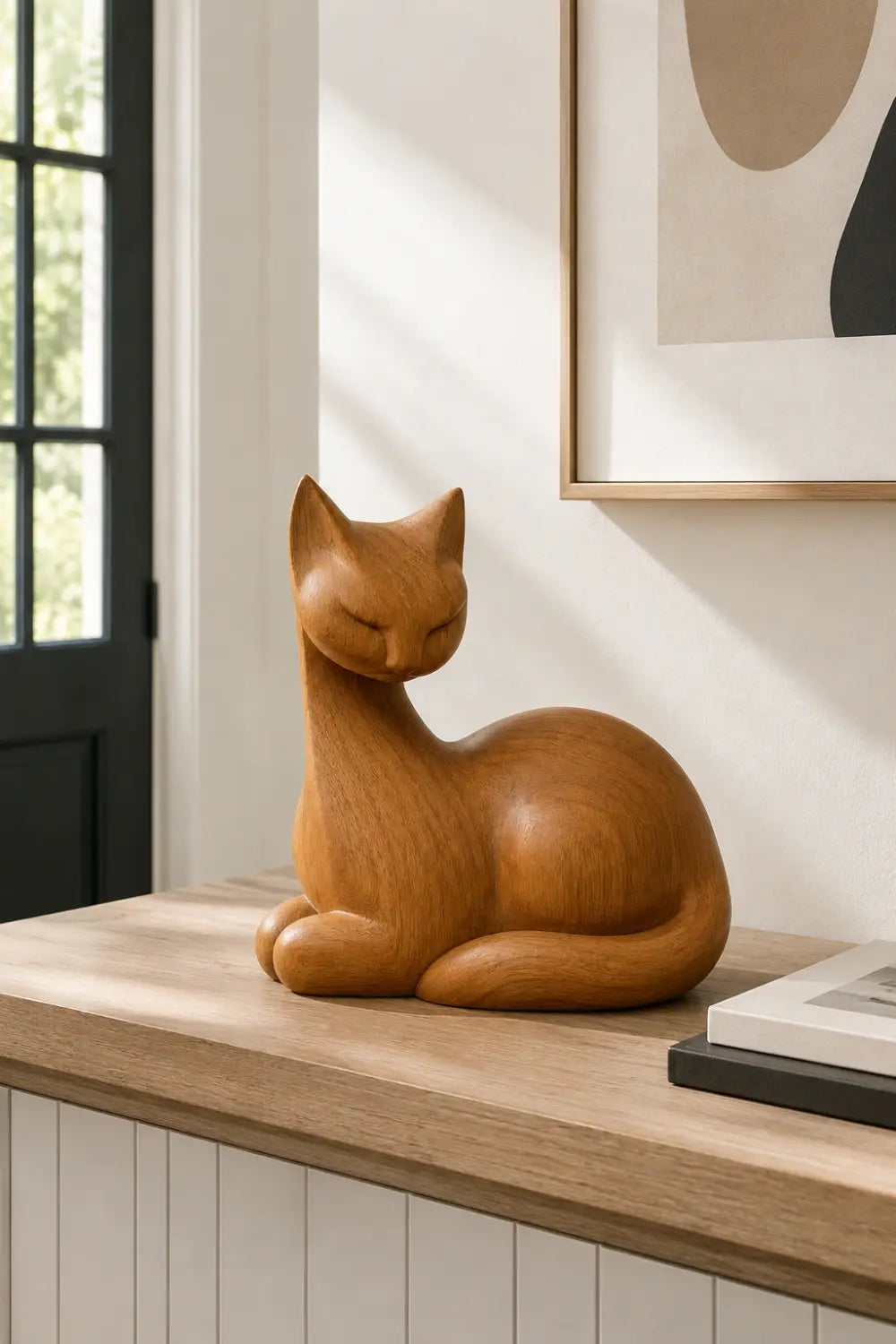 Natural Wood Cat Figurine | Resting Feline Statue Decor