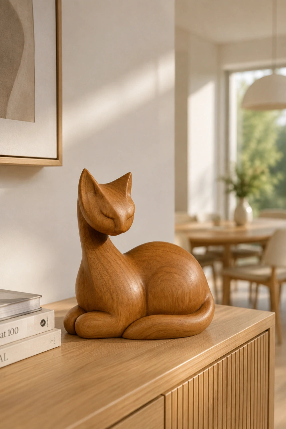 Natural Wood Cat Figurine | Resting Feline Statue Decor