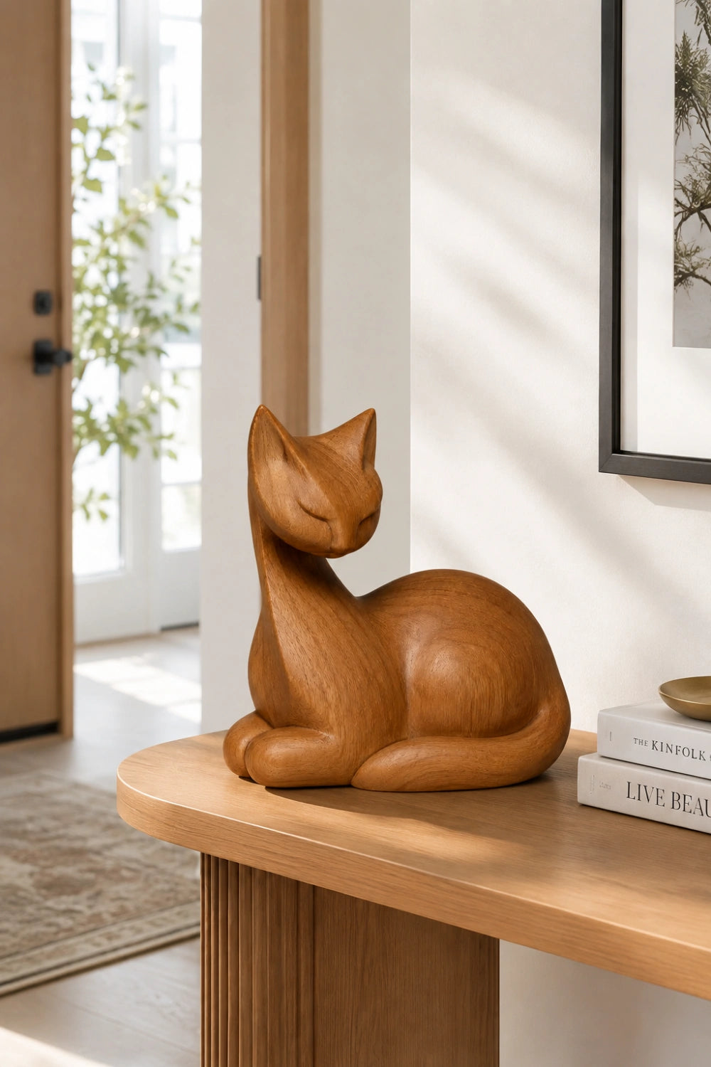Natural Wood Cat Figurine | Resting Feline Statue Decor