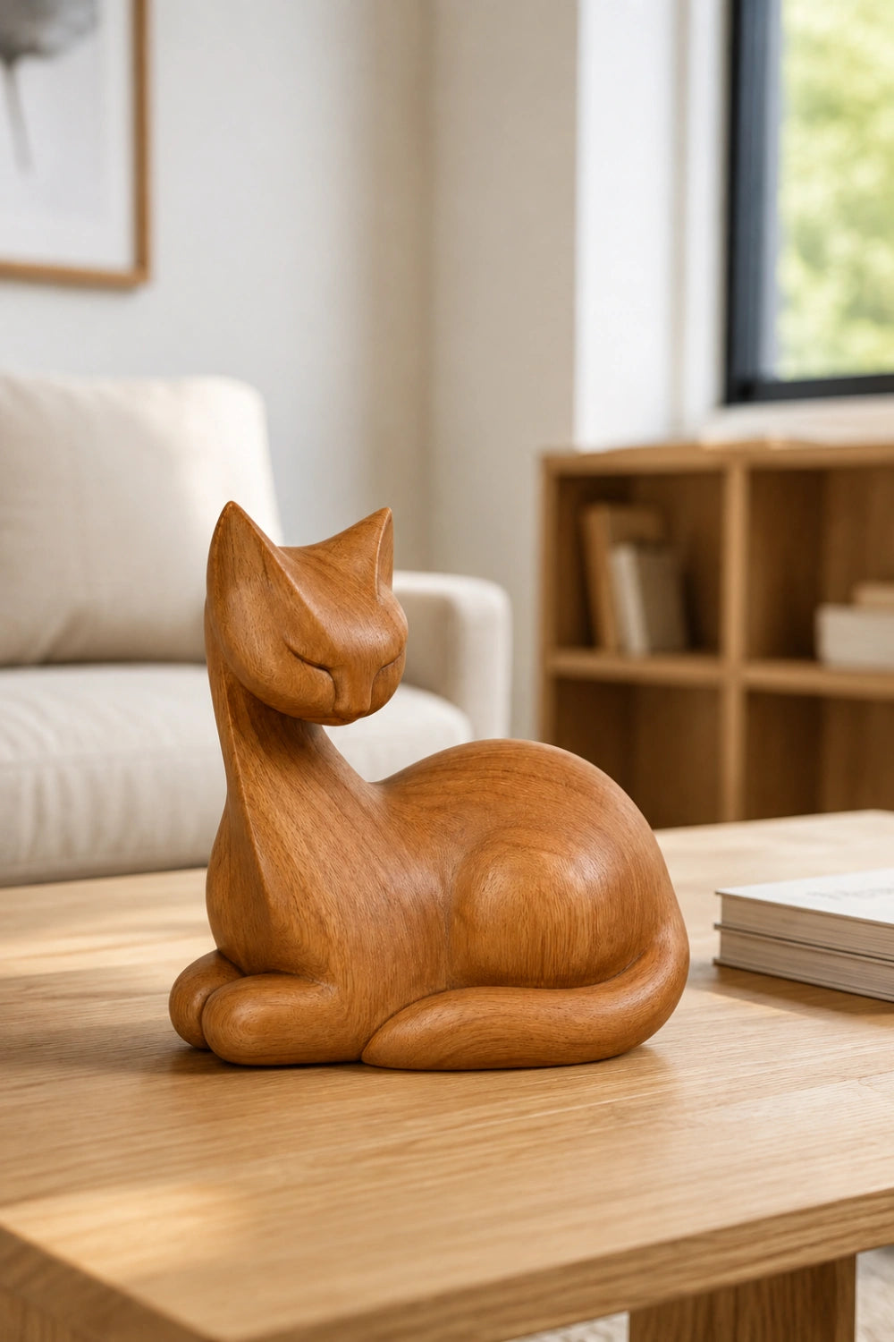 Natural Wood Cat Figurine | Resting Feline Statue Decor